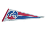 The New Jersey Nets logo, official NBA mark, and red stitched border of the felt pennant.