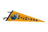 Blue football helmet graphic and lettering on a vintage golden Michigan pennant.