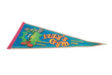 The blue Izzy mascot graphic and pink stitched felt border on the vintage 1996 pennant.