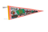 Vintage Wall Drug South Dakota felt pennant in pink with retro cartoon graphics.