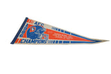 Left edge detail of Denver Broncos pennant with blue '1986' text and helmet logo.