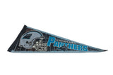 Close-up of the Carolina Panthers helmet showing the vintage felt texture and stitched border.