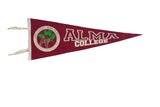 Alma College Michigan circa 1980s red felt pennant, white text, pinecone crest, 12x30 inches.
