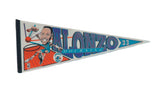 Vintage Alonzo Mourning Charlotte Hornets felt pennant with a 90s basketball caricature graphic.