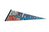 The 1990s caricature graphic of Alonzo Mourning on the Charlotte Hornets pennant.