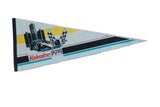 Vintage Valvoline Detroit Grand Prix felt pennant with race car, skyline, flags, colorful stripes.