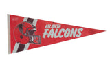 Vintage Atlanta Falcons red felt pennant with the classic helmet logo and bold white text.
