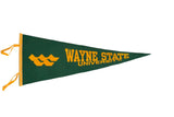 Vintage Wayne State University felt pennant, dark green with yellow text and emblem, 12x30.