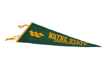 Green felt Wayne State University pennant with yellow text, logo, and gold ties.