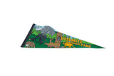 Detail of vintage Yosemite pennant showing fox, bears, deer, racoon, and Half Dome mountain.