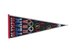 Vintage Olympics Team USA felt pennant with bold text, colorful rings and sports pictograms, 12x30.