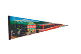 Vintage Manitou and Pike's Peak Railway felt pennant, black locomotive, red train, mountains.