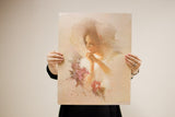 Dreamy vintage lithograph print of a lady in a floppy hat with soft florals.