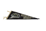Western Michigan University Broncos logo with tan binding and worn ties on black felt.