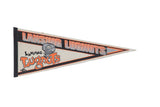 Vintage Lansing Lugnuts felt flag pennant with orange, black, and grey team graphics.