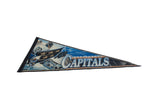 Vintage Washington Capitals hockey pennant with blue graphics viewed at an angle.