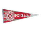 Vintage Ohio State felt pennant with red, off-white stripes, university seal, 12x30 inches.