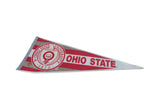 Ohio State felt pennant, with red and white university seal and gray border.