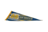 WOLVERINES text on vintage blue and yellow Michigan felt pennant, with edge wear.