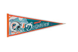 Vintage 1990s Miami Dolphins felt pennant with helmet logo in teal and orange.