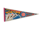 Vintage Chicago Cubs 1998 Wild Card felt pennant with playing card graphic, blue, red, and yellow, 12x30.