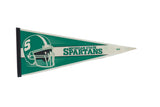 Vintage Michigan State Spartans felt flag pennant with green and white helmet graphic.