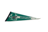 Angled view of the green and white Michigan State Spartans vintage felt pennant.