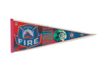 Vintage Chicago Fire felt pennant with red and blue graphics on a cream background.