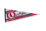 Vintage St. Louis Cardinals felt flag pennant with red cardinal logo, blue stripes, 12x30 inches.