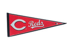 Vintage Cincinnati Reds felt pennant in red with a white C logo, script text, and black border.