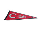 Detailed view of the black stitched border and manufacturer mark on the vintage Reds pennant.