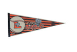Vintage 1990s Lansing Lugnuts felt pennant with orange stripes and team baseball logo.