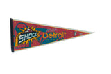 Detroit Shock Felt Flag Pennant with bold 1990s red, teal, yellow graphics. 12x30.