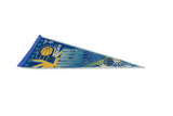 Vintage Indiana Pacers felt flag pennant viewed from an angle showing its blue and yellow basketball graphics.