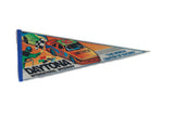 Vintage Daytona International Speedway felt pennant featuring colorful racing cars, checkered flag, 12x30.