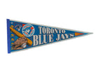 Vintage Toronto Blue Jays felt flag pennant in blue and white with classic 1990s graphics.