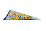 The Golden Bear seal, yellow script, and blue stitched edge of a vintage California pennant.