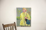 Cheerful vintage painting of a smiling grandma in a bright yellow raincoat.