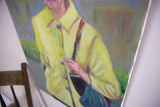 Angled view of the vintage painting showing the canvas texture and side profile.
