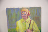 Angled view of the vintage grandma painting showing its painterly texture and stretched canvas top.