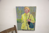 Vintage Grandma Yellow Raincoat painting hanging on a wall above a rustic wooden chair.