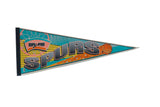 Vintage San Antonio Spurs felt pennant, 1990s, with teal, yellow, and grey graphics.