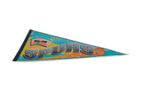 Corner of San Antonio Spurs pennant, black binding, white stitching, and yellow base.