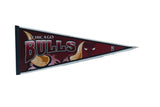 A vintage Chicago Bulls felt pennant in maroon with the classic red and white bull logo graphic.