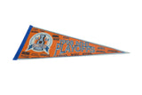 Angled view of the vintage orange 1998 NHL Playoffs felt pennant.