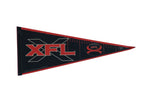 A vintage XFL felt flag pennant in black with a bold red logo and border.