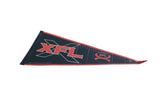 Bold red XFL lettering and football logo on the vintage black felt pennant.