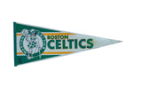 Green, off-white, yellow vintage Boston Celtics felt pennant, Lucky the Leprechaun, 12x30.