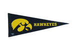 Vintage Iowa Hawkeyes felt pennant with a yellow logo and text on a black background.