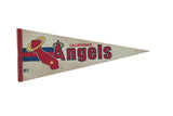 Vintage California Angels felt flag pennant with red, blue, and yellow team graphics on a cream field.